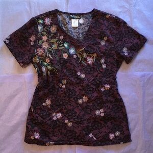 Cherokee Runway Floral Imprinted Lace Scrub Top Size Small